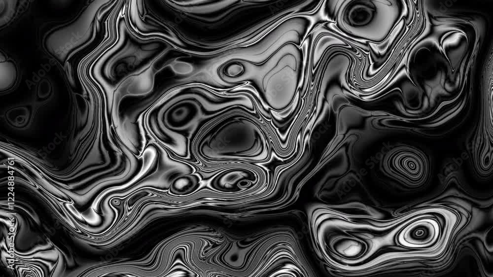Aufkleber animation of vibrant coloured grey liquid flowing in hypnotic motion on black background. loop monoc