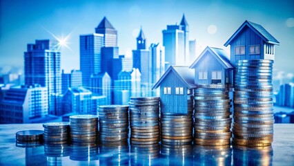 Real Estate Investment Success: Double Exposure of Houses & Coins on Blueprints