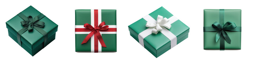Fototapeta premium Beautifully wrapped green gift boxes with red ribbon and bows for Christmas birthdays anniversaries or other holiday and special occasions Festive and celebratory present packaging design