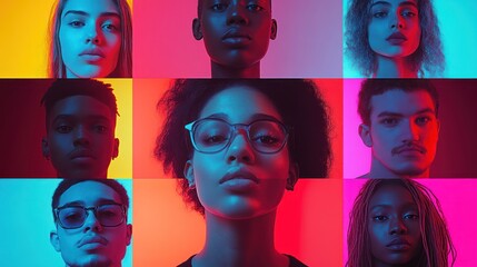 Obraz premium Diverse group portraits in vibrant colors.