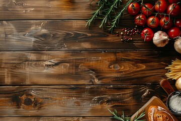 Vista dall'alto pasta italiana cruda sfondo rustico in legno