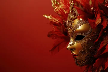 Fototapete Rund Venetian carnival mask with red and gold feathers is posing on a red background © Alexandra
