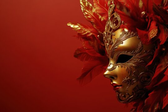 Venetian carnival mask with red and gold feathers is posing on a red background
