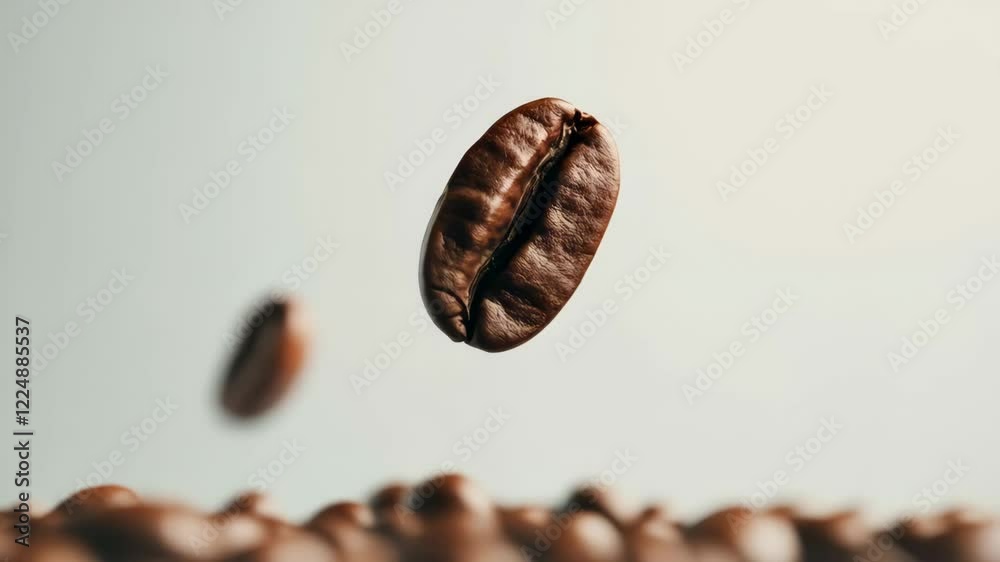 Poster levitating and falling roasted coffee beans cascade onto a mound of other roasted beans, creating a 