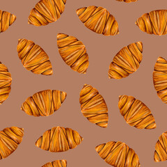Seamless pattern with watercolor croissants. Food repeating background. Pastry print. Perfect for wallpaper, fabric, wrapping, packaging, stationery, kitchenware decor, crafts, scrapbooking.