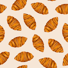 Seamless pattern with watercolor croissants. Food repeating background. Pastry print. Perfect for wallpaper, fabric, wrapping, packaging, stationery, kitchenware decor, crafts, scrapbooking.