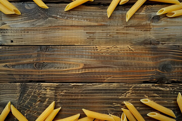 Vista dall'alto pasta italiana cruda sfondo rustico in legno