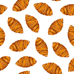Seamless pattern with watercolor croissants. Food repeating background. Pastry print. Perfect for wallpaper, fabric, wrapping, packaging, stationery, kitchenware decor, crafts, scrapbooking.