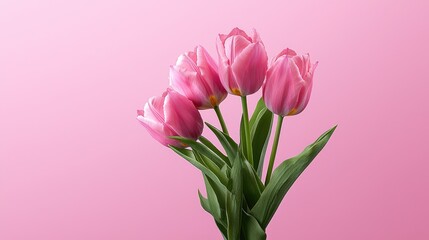 Fototapeta premium Pink tulip flowers with green leaves arranged against a solid pink background.