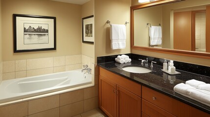 Luxurious NYC hotel bathroom with marble countertop, black granite accents, large mirror, and art deco decor featuring warm beige walls, vintage artwork, and a towel rack by the bathtub.