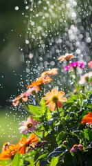 Vibrant wildflowers in the rain with sunlit blossoms