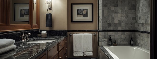 Luxurious NYC hotel bathroom with marble countertop, black granite accents, large mirror, and art deco decor featuring warm beige walls, vintage artwork, and a towel rack by the bathtub.