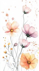 An artistic design of cosmos flowers drawn in watercolor, perfect for wedding stationery.