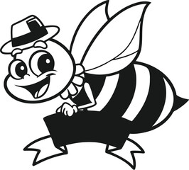 A cartoon bee wearing a hat and smiling broadly, positioned above a banner with ribbons.