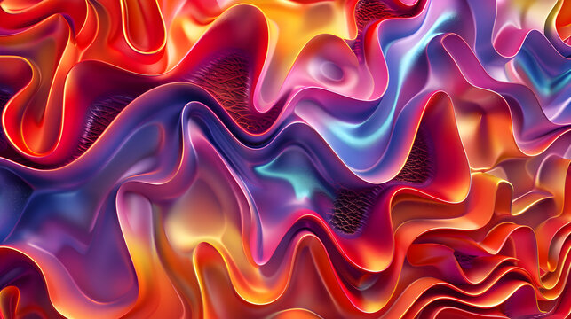 A vibrant, flowing abstract design with wavy patterns in warm and cool colors.