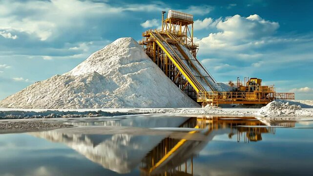 Industrial landscape saltworks machinery amidst mountain of salt in marshes on sunny day	