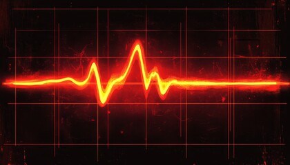 Red Vital Sign Dynamic Heartbeat Monitor Display with Bold Grid, Intense Light, and Dark Background