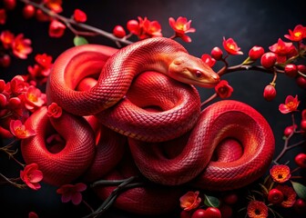 Obraz premium Red Snake Coiled Amongst Vibrant Red Blossoms - Spring Wildlife Photography