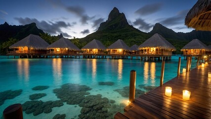 Stunning evening view of overwater bungalows in Bora Bora highlighting serene waters and majestic mountain backdrop