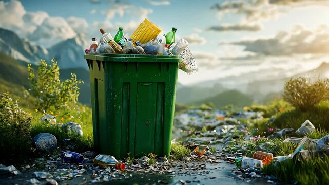 A green plastic rubbish bin garbage containers full and surrounded by unhygienic pollution trash	