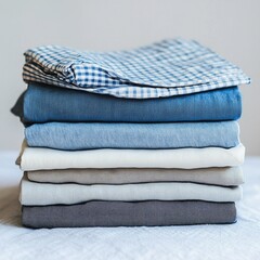 Neat stack of folded linen fabrics in various shades of blue, grey, and beige.