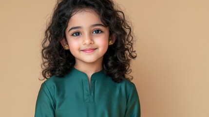 Fashionable Indian Girl Smiling in Green Dress Photo.Fictional Character Created By Generative AI