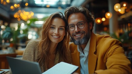 Smiling caucasian couple reviewing document in modern cafe setting
