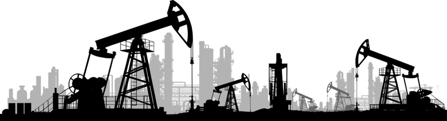 Vektor Silhouette Industrie - Ölindustrie mit Analgen zur Ölförderung - Prozessindustrie und Raffinerie im Hintergrund