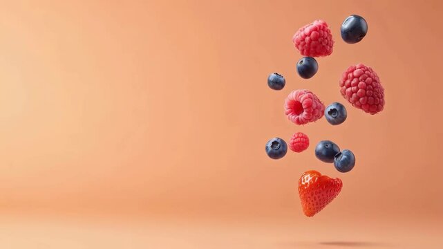 Ripe raspberries, blueberries, and a strawberry are suspended in mid air against a vibrant orange backdrop, creating a visually appealing display of fresh, colorful berries
