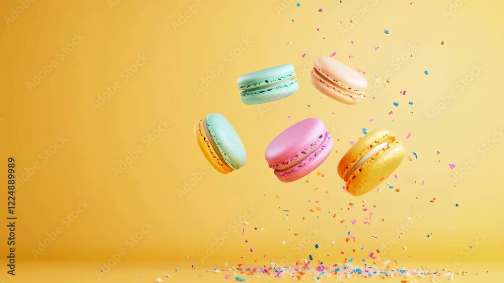 Poster Five colorful macarons are levitating with confetti on a vibrant yellow background, creating a playful and celebratory atmosphere with ample copy space