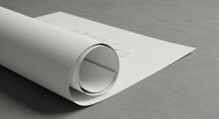 Rolled architectural blueprint on gray surface depicting modern construction details