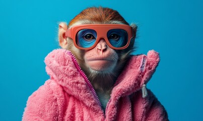 Hyper Realistic Pop Art Monkey in Sunglasses and Pink Autumn Coat Against Blue Background -...