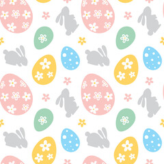 Easter bunny and eggs, spring.  Seamless pattern on white background. Vector.