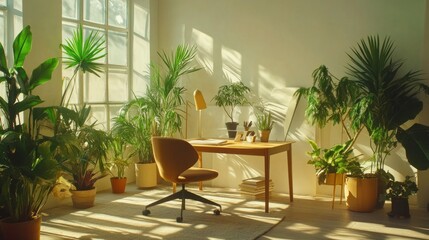 A naturally lit minimalist office with indoor plants creating a tranquil workspace