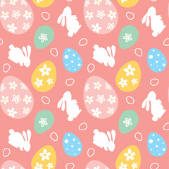 Easter bunny and eggs, spring.  Seamless pattern on pink background. Vector.
