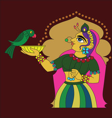 Lord's Gopika, Sevika, or lady servants have been drawn in Indian folk art in Kalamkari style. for textile printing, logo, wallpaper	