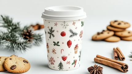Fototapeta premium Coffee cup mockup with a festive holiday design, surrounded by cinnamon sticks and cookies.