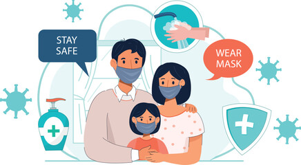 Pandemic Safety Measures for Families Illustrated Depicts a family following safety guidelines like mask-wearing and hand sanitizing.