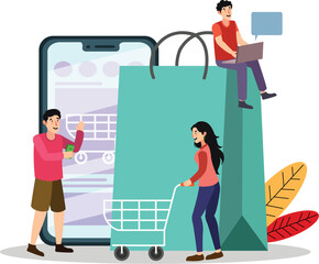 Online Shopping Experience Illustration People Engaging with Digital Store Platforms Features people browsing products, adding to carts, and checking out in a seamless online shopping process.