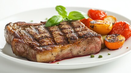 Delicious Grilled Steak and Roasted Vegetables on a White Plate Ready to Eat
