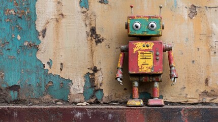 Vintage Robot Toy Standing Against a Colorful Rusty Wall