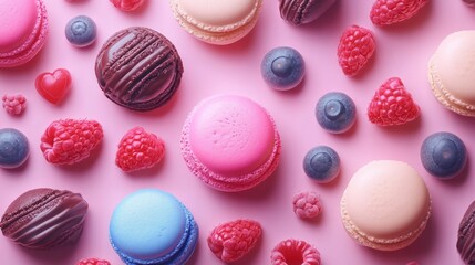 Colorful macarons, raspberries, and blueberries on pink background.