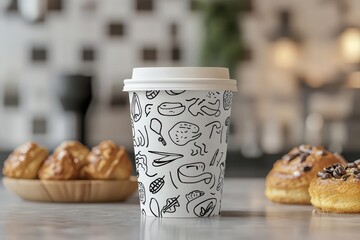 Coffee cup mockup with hand-drawn art, displayed on a cafe countertop with baked goods.
