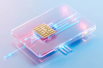 Transparent credit card with glowing chip and electronic circuits showcasing future of secure online payments