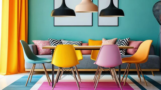 Modern colorful chairs at the dining table under a pastel lamp in the living room interior with pillows on a settee against a wall with a poster	