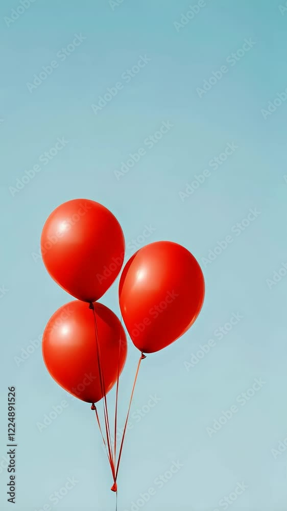 Poster Three vibrant red balloons are gracefully floating against a serene backdrop of clear blue sky, creating a simple yet captivating image of joy and celebration