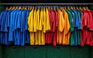 Vibrant soccer jerseys hang neatly, ready for the big game! Team spirit shines bright.