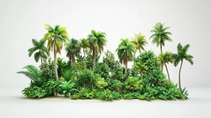 Fototapeta premium Lush tropical jungle scene with diverse greenery and palm trees, creating a vibrant natural backdrop