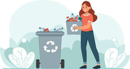 Illustration of Young Woman Carrying Recyclable Waste for Collection Features a woman carrying recyclable waste, promoting eco-friendly practices.