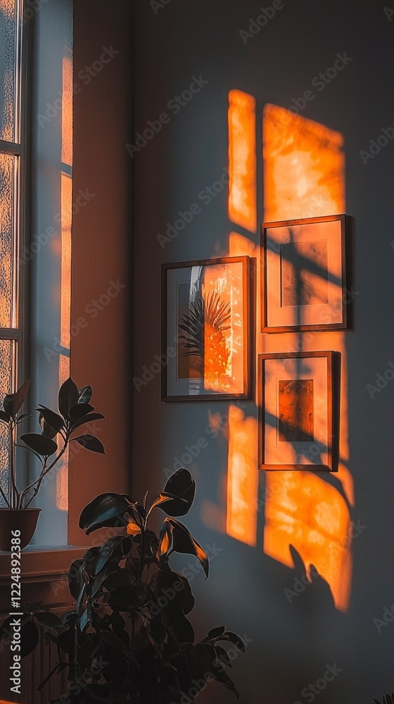 Poster Sunlight streams through a window, creating a warm glow as shadows play on the wall. Framed art and a lush plant add charm to this serene space during the evening